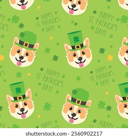 Patricks day seamless pattern with a happy dog. St. Patricks Day background with a cute corgi dog, trefoil, shamrock, patrick's hat.