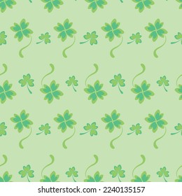 Patricks Day seamless pattern. Natural green background for St. Patrick's Day. Traditional green leaves shamrock clover print. For fabric, textiles, for wrapping paper. Happy Saint Patrick's Day.