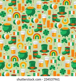 Patrick's Day seamless pattern with traditional symbols. Vector illustration. Green clover, leprechaun hat, pot with coins, Irish beer.