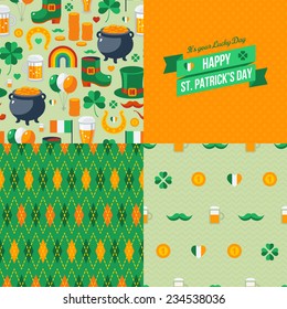 Patrick's Day seamless patterns set with traditional symbols. Vector illustration. Green ribbon label.