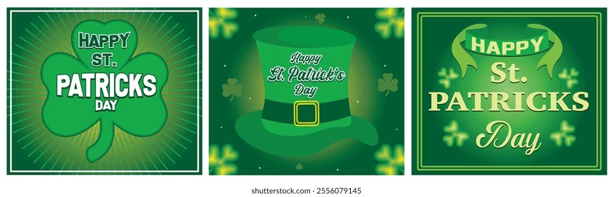 Patrick's Day Shamrock Greeting Card Design. Hat With Green Background. Celebration. Set flat vector modern illustration 