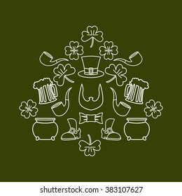 Patricks day. Symbol set fo  holiday in Ireland. Pot of gold and leprechaun beard. Clover and pipe. Mug of beer and ALE
