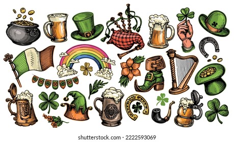 Patricks day symbols or badges collection. Set design elements for Irish holiday decoration. Color vector illustration