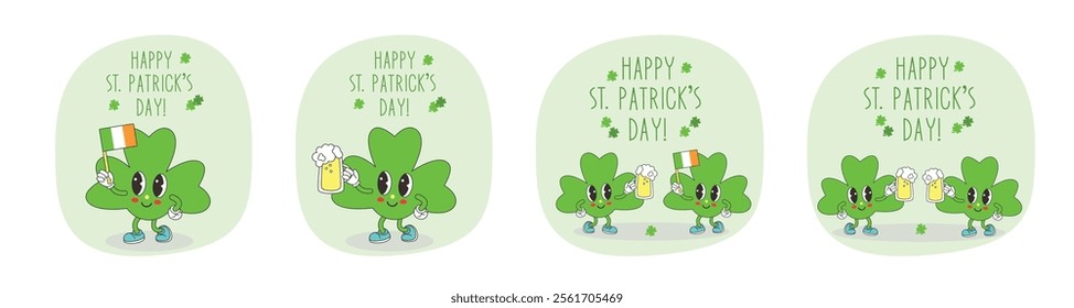 Patricks day symbols card isolated on white background. Trefoil with beer, Irish flag. Vector card design template