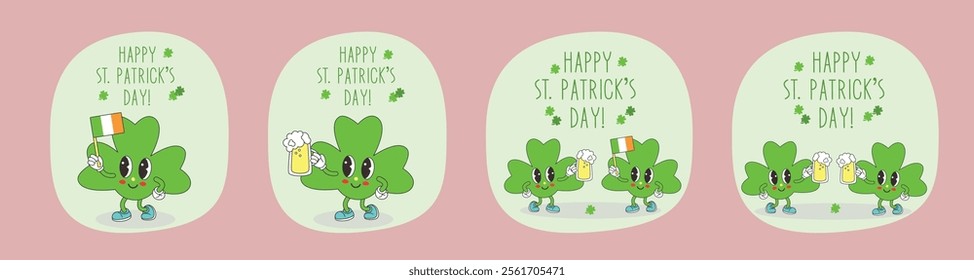 Patricks day symbols card. Trefoil with beer, Irish flag. Vector card design template