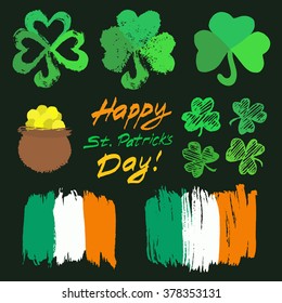 Patricks Day Symbols Set. Hand drawn pot with coins, painted clover, grunge Irish flags and lettering. Symbols of Ireland for celebrating national holiday. Design elements for card, greeting, banner