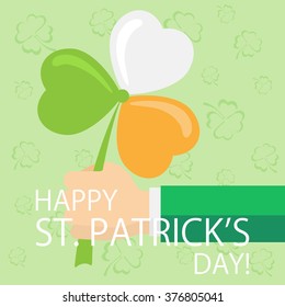 Patrick's day theme with clover in hand on green background, illustration.