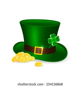 Patricks Day theme, green leprechauns hat and golden coins, illustration 