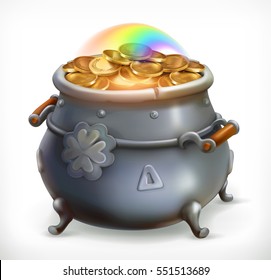 Patrick's Day Treasure. Pot Of Gold Coins. 3d Vector Icon