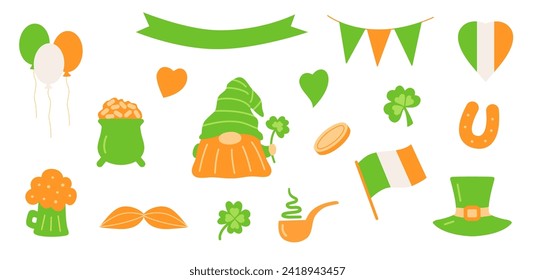 Patricks Tag Vektor dekorative Elemente Set. Gnome, Koboldhut, Bierpint, Irische Flagge, Shamrock, Klee, Topf mit Münzen, Ballons, Whisker, Pfeife, Hufeisen. Traditionelle irische Feste