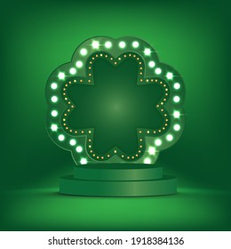 Patrick's Day. Vector illustration of Patrick's Day 3d background template with the stage podium and Light bulbs vintage neon glow frame vector illustration EPS10.