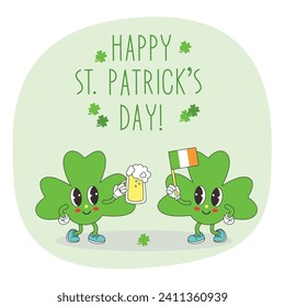 Patricks Day vector isolated illustration. St. Patricks Day, postcard, trefoils, irish flag.