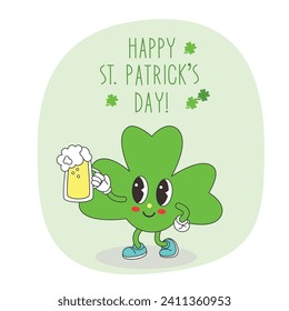 Patricks Day vector isolated illustration. St. Patricks Day, postcard, trefoil, shamrock, beer.
