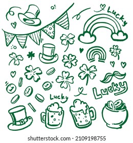 Patrick's Day Vector Set Clover Luck Coins Beer Hat Top Hat Money Pot Rainbow Luck Mustache Four Leaf Clover Flags Congratulation Holiday Festival