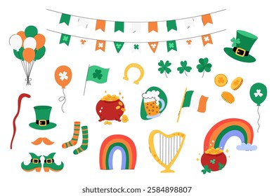 Patricks Day vector set, colorful clipart, elements. Cute flat and doodle illustrations leprechaun stuff, pot of gold, clovers and shamrocks, rainbow and festive objects. Saint Patrick Day March 17.