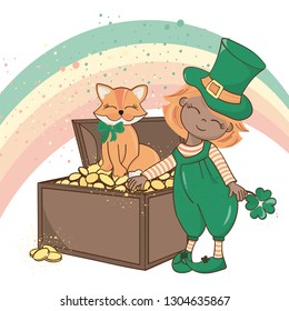 PATRICK'S FOX Saint Patrick's Day Cartoon Vector Illustration Set for Print, Fabric and Decoration.