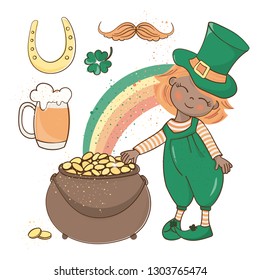 PATRICK'S GOLD Saint Patrick's Day Cartoon Vector Illustration Set for Print, Fabric and Decoration.