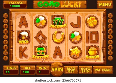 Patricks or Good Luck slot machine UI and full set of 12 slot symbols in wood style. Slot symbols- wild, jackpot, bonus and scatter