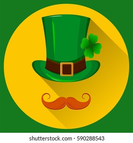 Patrick's hat. Green hat with four leaf clover and red mustache. Flat style with long shadow. Happy St. Patrick's day design element on green and yellow background. Usable as icon, banner. Vector.