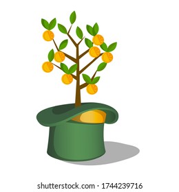Patrick's hat and the money tree inside. Cartoon vector illustration. Green cylinder with a money growth plant. A plant with gold coins.