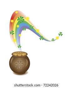 patrick's pot with gold and rainbow on white background