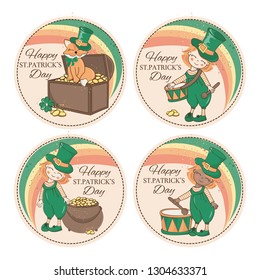 PATRICK'S STICKERS Saint Patrick's Day Cartoon Vector Illustration Set for Print, Fabric and Decoration.