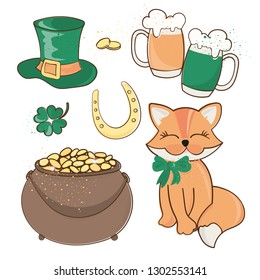 PATRICK'S SYMBOLS Saint Patrick's Day Cartoon Vector Illustration Set for Print, Fabric and Decoration.