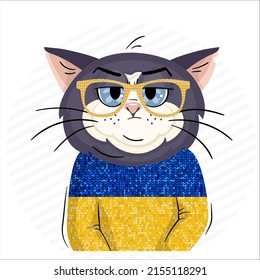 Patriot cat in yellow glasses and a knitted sweater in the color of the Ukrainian flag.
Funny cartoon character in vector illustration.
Can be used as drawing for t-shirt, card or poster.
