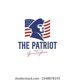 Patriot Charakter Illustration Logo Design mit amerikanischer Flagge Hintergrund. Patriot-Kopfgrafik