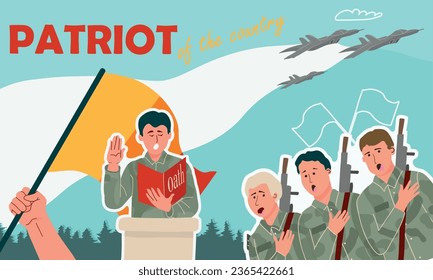 Patriot of country flat collage with soldiers taking oath on color background with flying military aircraft vector illustration