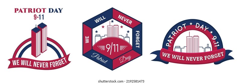 Patriot Day 11 de septiembre Forma geométrica Emblema ilustración vectorial. 9 11 Nunca Olvidaremos El Abstract Flat Badge De Estados Unidos. World Trade Center, tarjeta de saludo Twin Towers, publicación en medios sociales, encabezado del sitio web