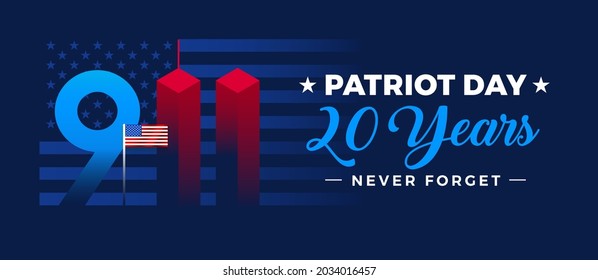 Patriot Day 20 Years banner - 9-11 illustration with US flag, stars and stripes texture background