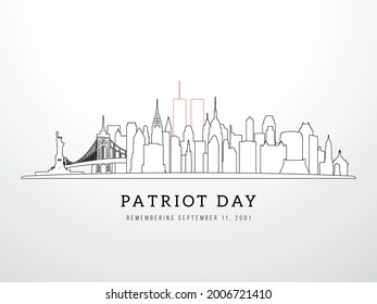 Patriot Day 911 banner. New York skyline view September 11, 2001. NYC in linear style. Poster, card, banner and background. Stock Vector illustration.