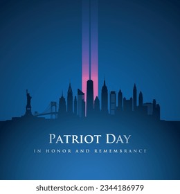 Patriot Day 911. Blue Background with New York City Silhouette. Glowing Pink beams in the form of twin towers. Stock vector illustration.