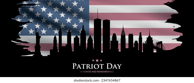 Patriot Day 911 horizontal banner. Black New York City silhouette on American flag background. 