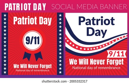 Patriot Day 9.11 Memorial illustration with USA flag, text 911 Patriot Day, We Will Never Forget on black background. September 11 United States vector illustration