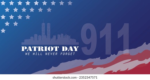 patriot day 911, Remembrance Day in USA. United States flag patterned blue background with wtc building silhouette