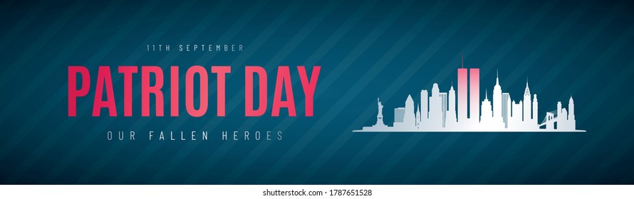 Patriot Day anniversary banner. Twin Towers in New York City Skyline. September 11, 2001 National Day of Remembrance. Vector illustration.