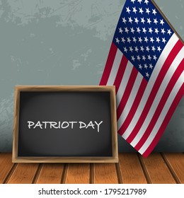 Patriot Day back with USA national flag on blue wall background with wooden flor Vector illustration.