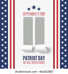 Patriot Day background with abstract New York Twin Towers. 11 September, National Day of Remembrance. Vector illustration.