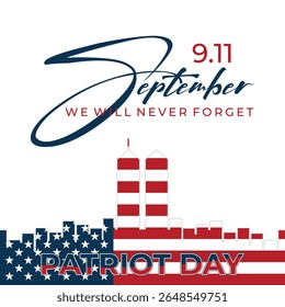 Patriot Day background with abstract skyline New York City isolated Amrica flag. Vector illustration