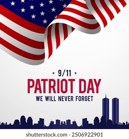 Patriot Day Background Design Template with city landscape, twin towers silhouette and america flag