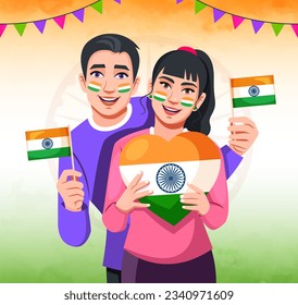 Patriot Day Background With Indian flag colors. Vector Illustration. Indian people hold flags and paint the Indian flag on their faces.