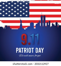 Patriot day background, New York City skyline and American grunge flag. Vector