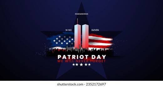 Patriot Day Background, 11 de septiembre, bandera de los Estados Unidos, 911 memorial and Never Forget lettering, ilustración conceptual del vector