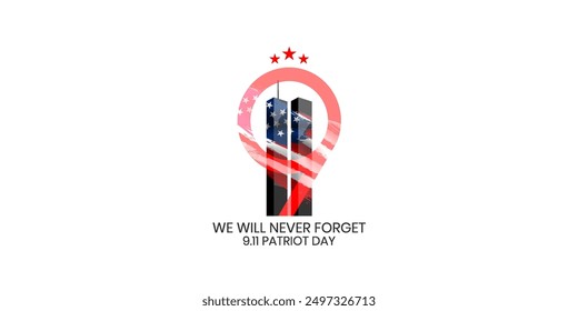 Fondo del Día del Patriota, 11 de septiembre, bandera de Estados Unidos, 911 memorial y letras de Never Forget, ilustración conceptual de Vector