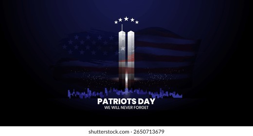 Patriot Day Background, September 11, United States flag, 911 memorial and Never Forget lettering, Vector conceptual illustration