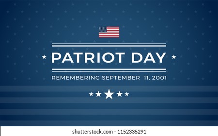 Patriot Day background with text - Remembering September 11 2001 - dark blue background w/ stars, stripes, the United States flag - patriot day 9/11 vector illustration