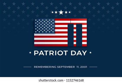 Patriot Day background with USA flag and text - Remembering September 11, 2001 - the United States flag on dark blue background w/ stars, stripes - patriot day 9/11 vector illustration