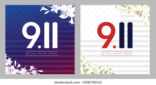 Patriot Day Background with USA flag. September 11 America, 9.11 Never Forget lettering, Vector Illustrations.